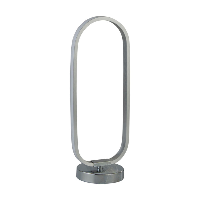 Liner chrome oval LED table lamp unlit on a white studio background with round base