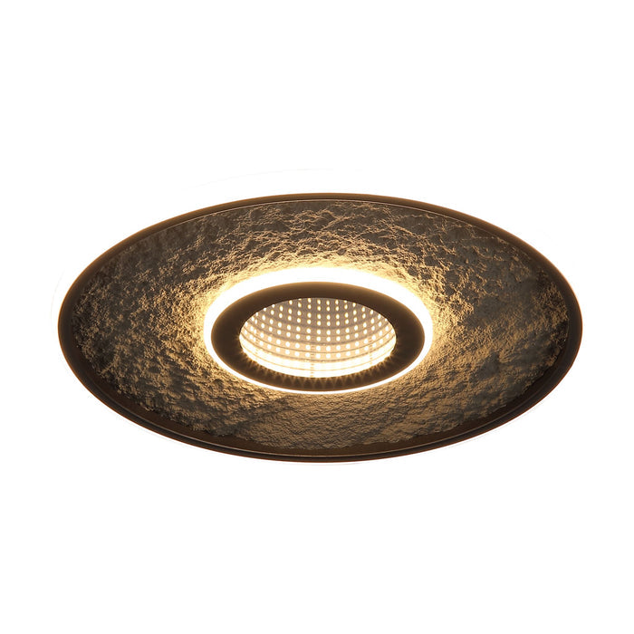 Lumadisc matt black flush ceiling light with a textured stone-effect disc and lit LED centre