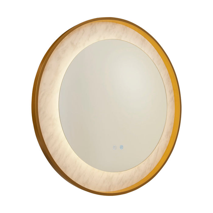 Luxo round bathroom mirror with gold frame and glowing marble-effect LED surround