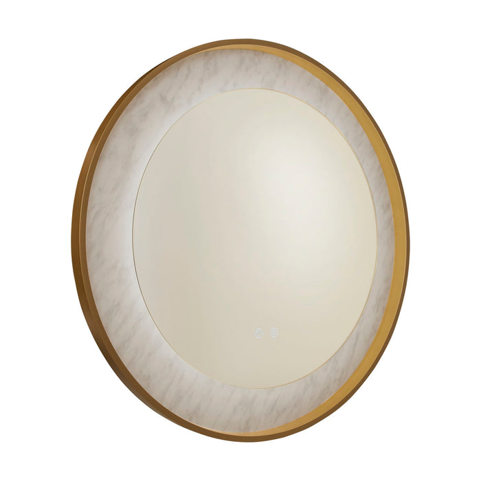 Luxo gold-framed round bathroom LED mirror unlit on a white studio background
