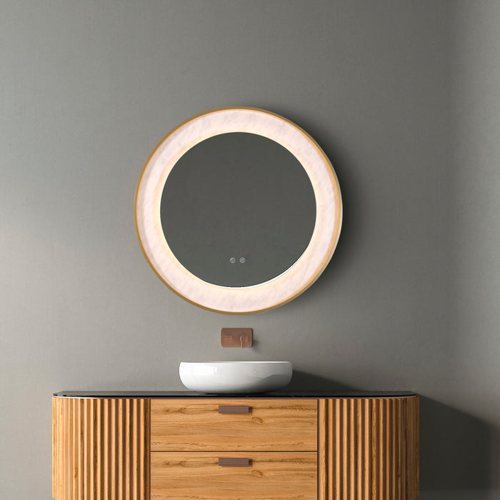 Grey bathroom with the Luxo lit round mirror above a fluted oak vanity and white basin
