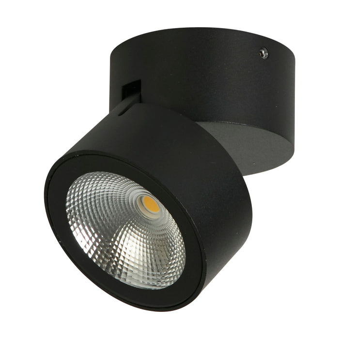 Manhattan matt black round surface spotlight unlit on white with tilting head