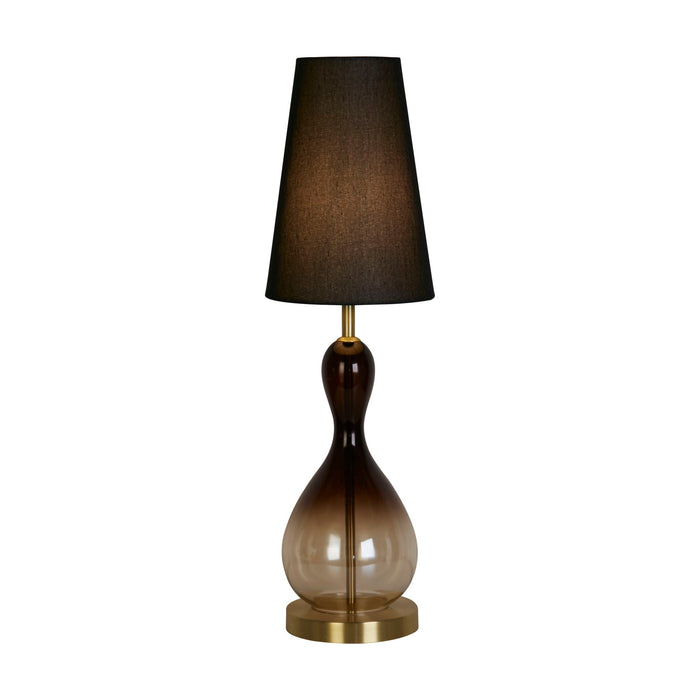 Marakesh ombre glass table lamp lit with tapered black linen shade and antique brass base