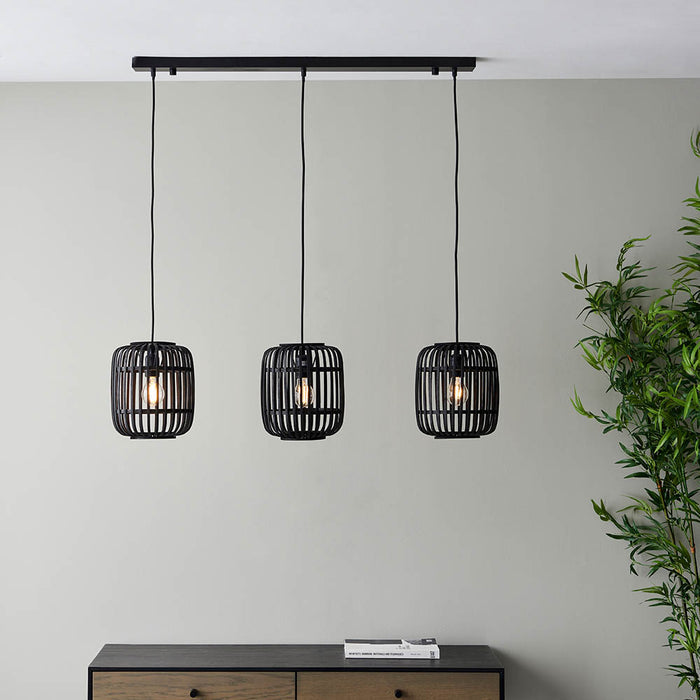 Mathias Black Bamboo 3 Light Linear Pendant by Endon Lighting — suits living rooms, dining rooms & hallways