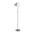 Adjustable satin nickel floor lamp lit, curved neck with tapered shade on a round weighted base