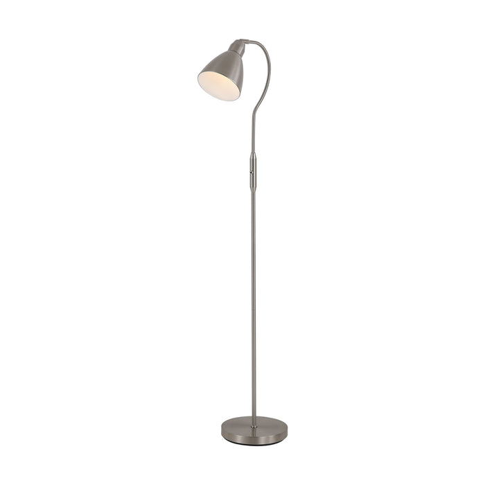 Adjustable satin nickel floor lamp lit, curved neck with tapered shade on a round weighted base