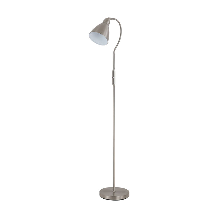 Adjustable satin nickel floor lamp unlit on white, slim curved stem and tapered metal shade