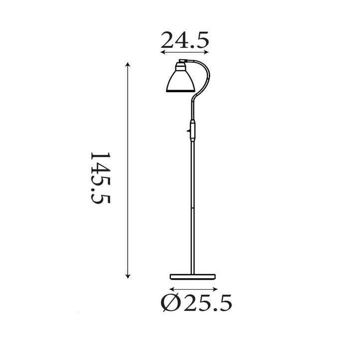 Dimension diagram of the Adjustable, Satin Nickel, Floor Lamp - Curved Neck with height and width in cm.
