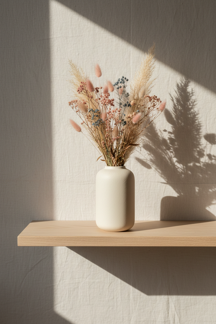 Modern Ceramic Vase with pampas grass on a Scandinavian shelf with neutral linen backdrop
