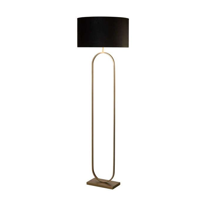 Modish bronze floor lamp with tall oval hoop frame and lit black velvet drum shade