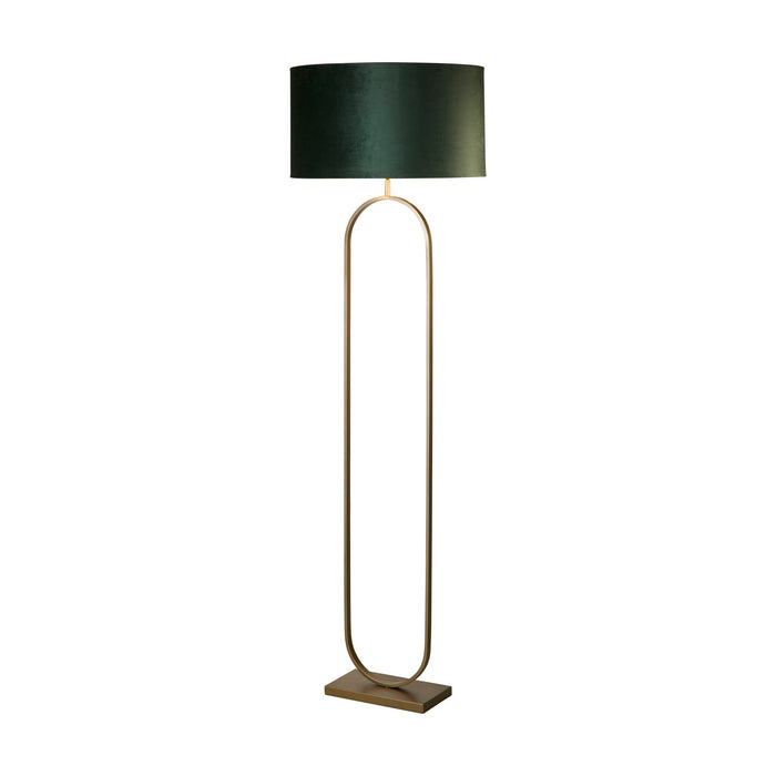 Modish bronze floor lamp lit with slim oval hoop frame and green velvet drum shade on a flat base