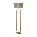 Modish bronze floor lamp lit with a taupe velvet drum shade above a slender oval frame
