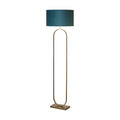 Modish bronze floor lamp lit with oval hoop frame and teal velvet drum shade with silver trim