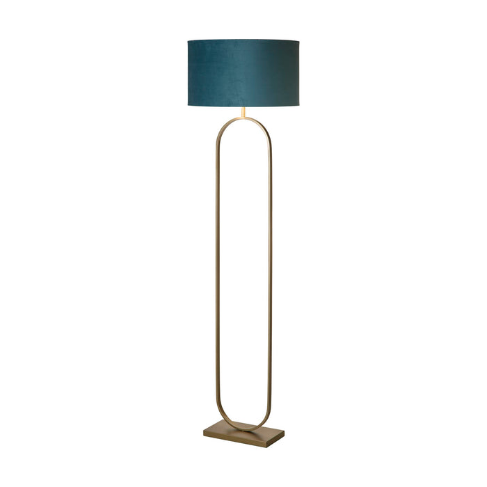 Modish bronze floor lamp lit with oval hoop frame and teal velvet drum shade with silver trim