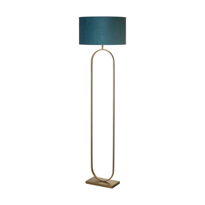 Modish bronze floor lamp unlit on white, slim oval loop stem and teal velvet shade on flat base