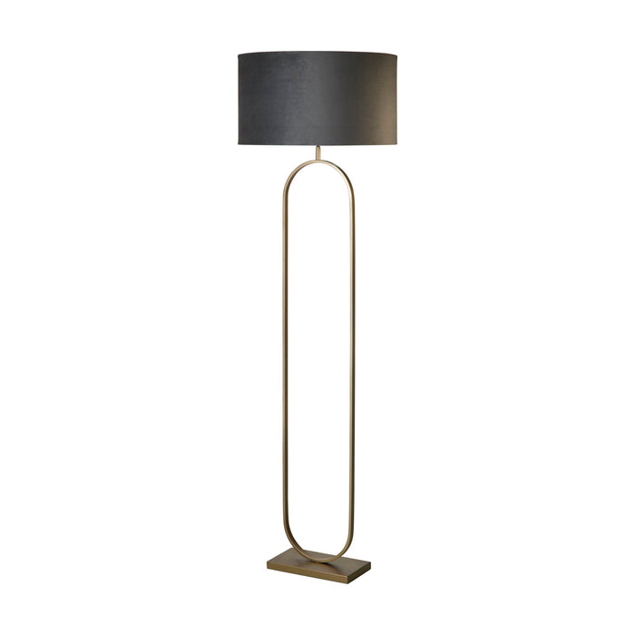 Modish bronze oval floor lamp unlit on white with dark grey velvet shade and slim base