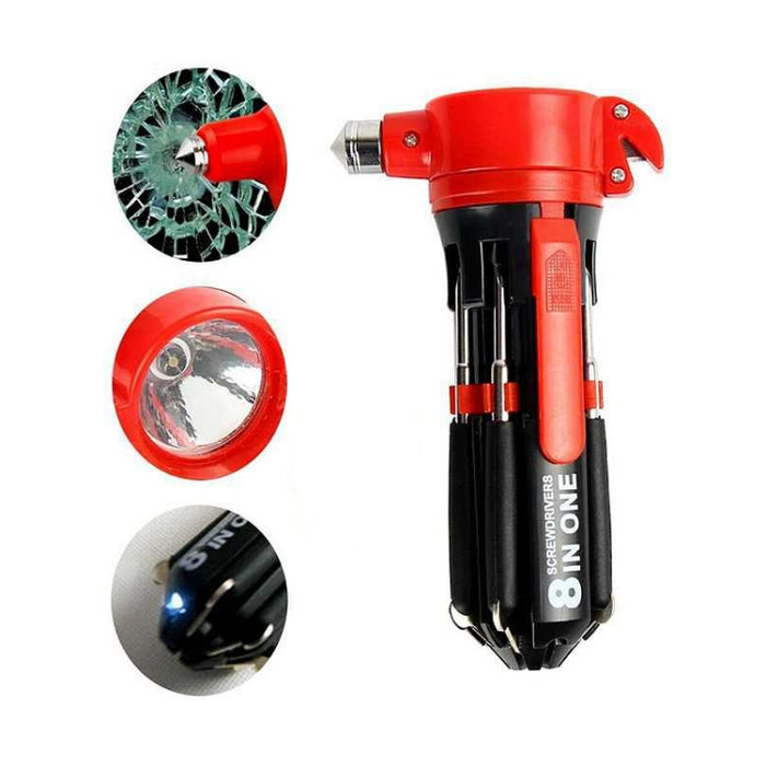 Multifunctional Car Safety Hammer with Screwdriver Flashlight, 8 in 1 with Safety Hammer