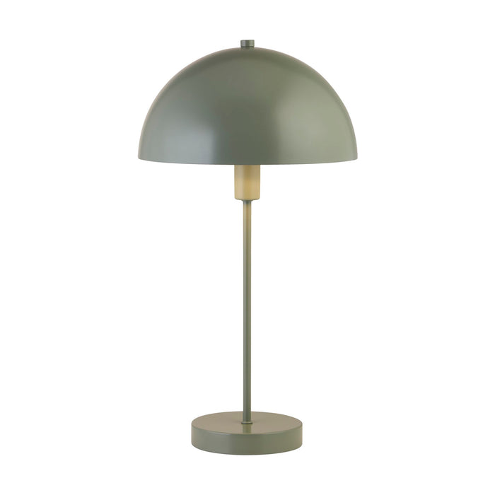 Mushroom matt green metal table lamp unlit with dome shade on a white studio background