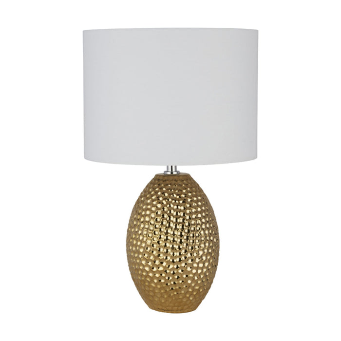 Nadine table lamp unlit on white showing textured gold ceramic base and white drum shade