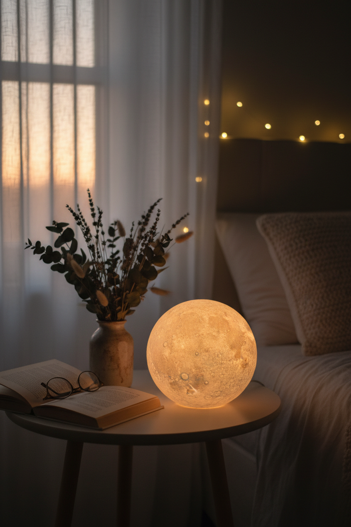 Painted Moon LED Night Light glowing on a bedside table with dried flowers and an open book