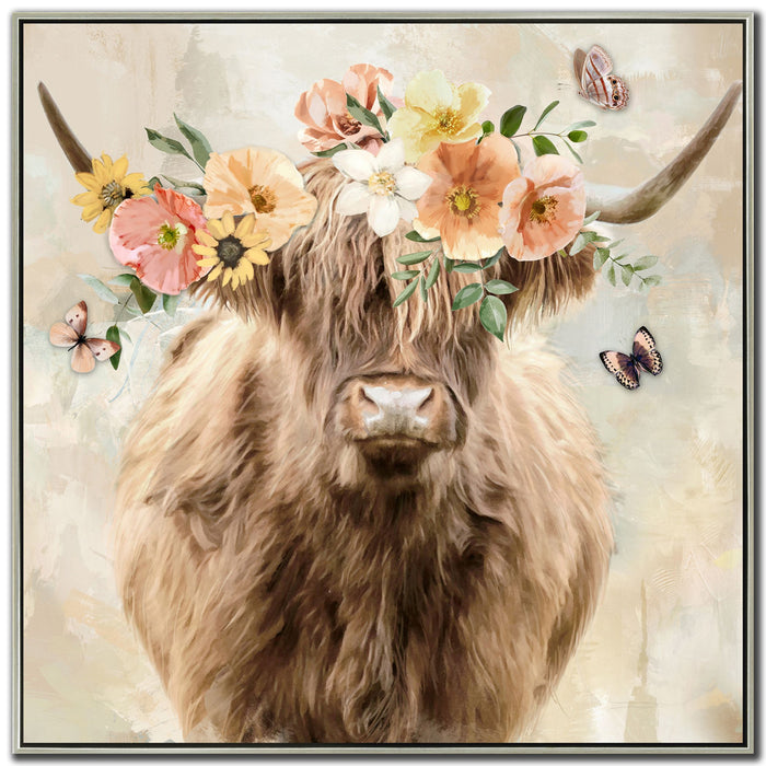 Peach Floral Highland Cow