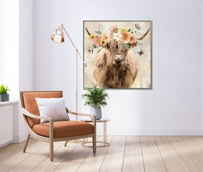 Peach Floral Highland Cow