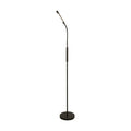 Plume black rechargeable floor lamp lit with a flexible gooseneck head on a round base