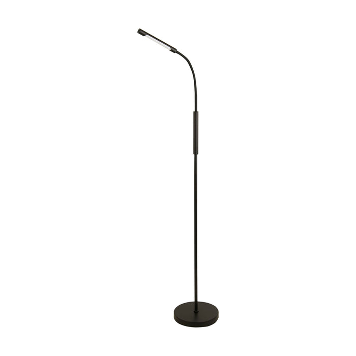 Plume black rechargeable floor lamp unlit on white with gooseneck stem and disc base