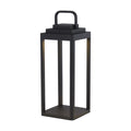 Portobello matt black table lantern lit with a slim open frame and carry handle