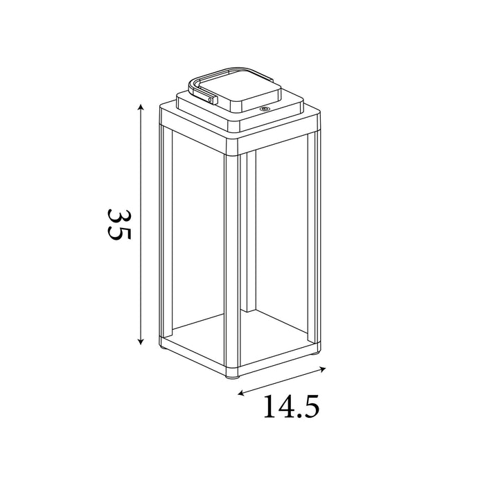 Dimension diagram of the Portobello Outdoor, Matt Black, Table Lantern - IP54 with height and width in cm.