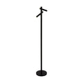 Rechargeable matt black LED floor lamp lit with two adjustable tube heads on a slim round base