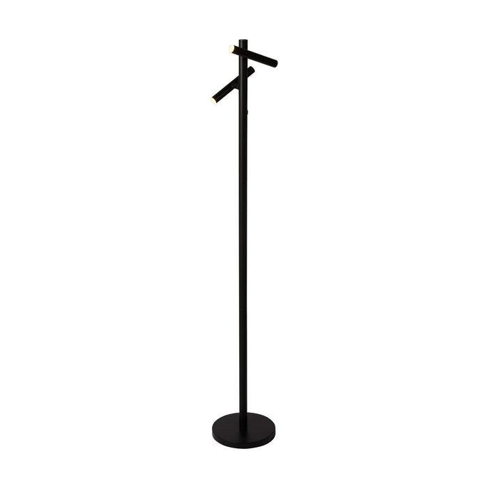 Rechargeable matt black LED floor lamp lit with two adjustable tube heads on a slim round base