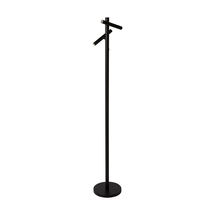 Rechargeable matt black LED floor lamp unlit on white, twin tubular heads on a slender stem