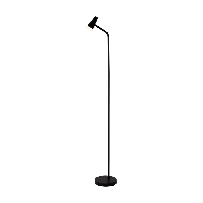 Rechargeable matt black floor lamp lit with an angled cone reading head on a slim stem and disc base