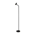 Rechargeable matt black floor lamp lit with an angled cone reading head on a slim stem and disc base