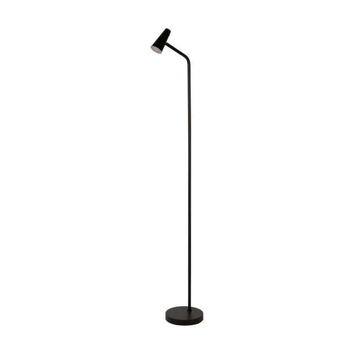 Rechargeable matt black floor lamp unlit on white with cone head slim stem and round disc base