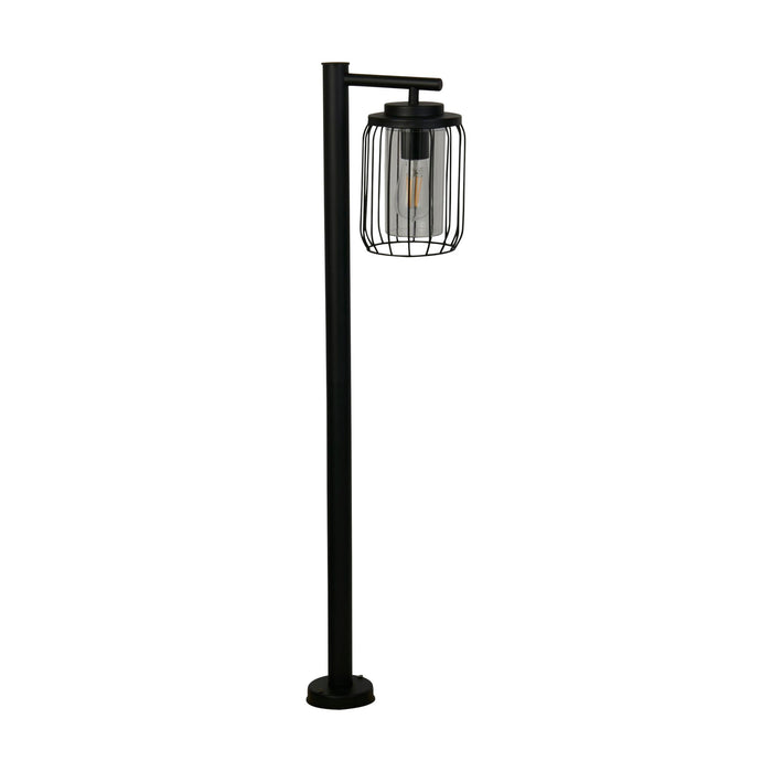Reed black post light unlit on white with caged clear glass lantern and round base plate