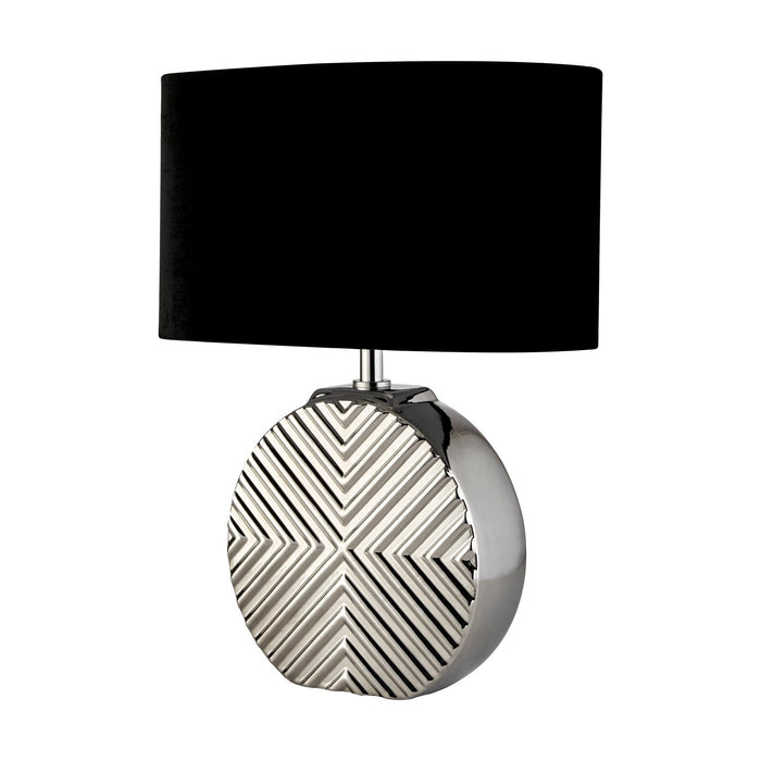 Regent chrome table lamp unlit with black fabric shade and chevron base on a white background