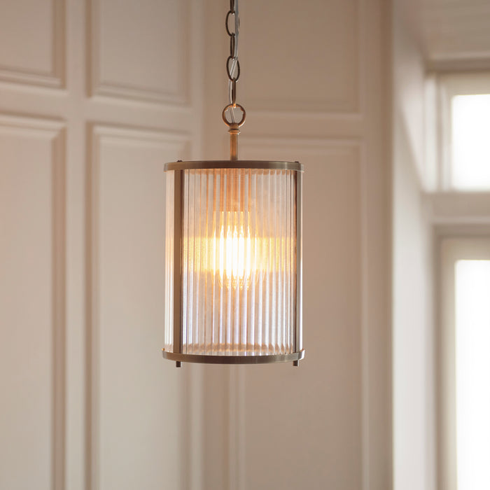 Ridgeton Antique Brass & Ribbed Shade Glass Pendant — side profile
