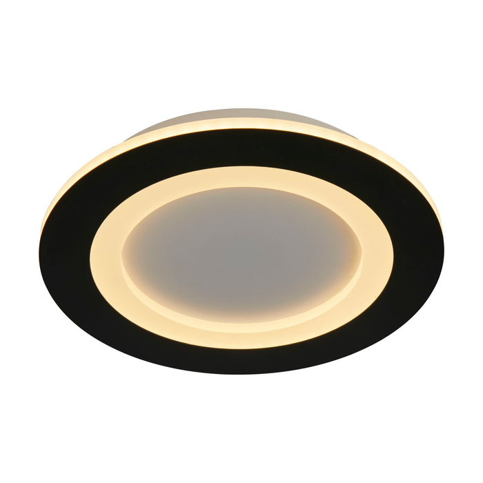 Ringo matt black ceiling light with a wide glowing colour-changing LED disc