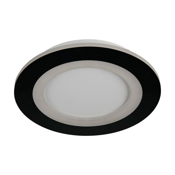 Ringo matt black round flush ceiling light unlit on a white studio background