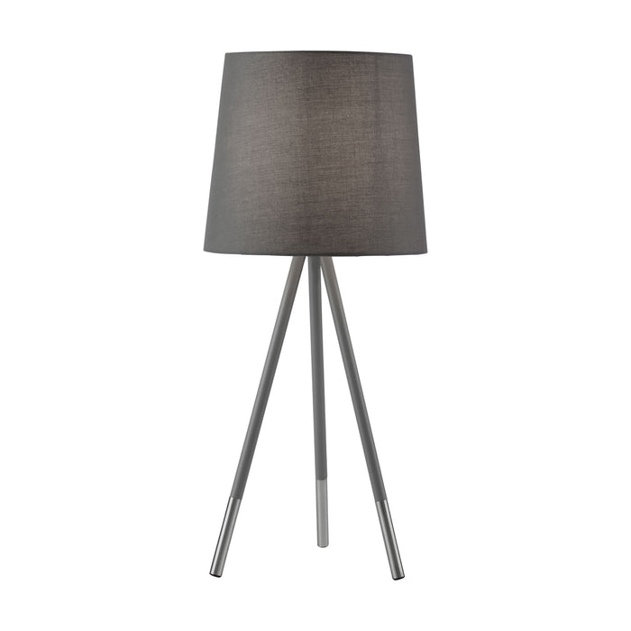 Rio satin silver tripod table lamp unlit with grey shade on a white studio background