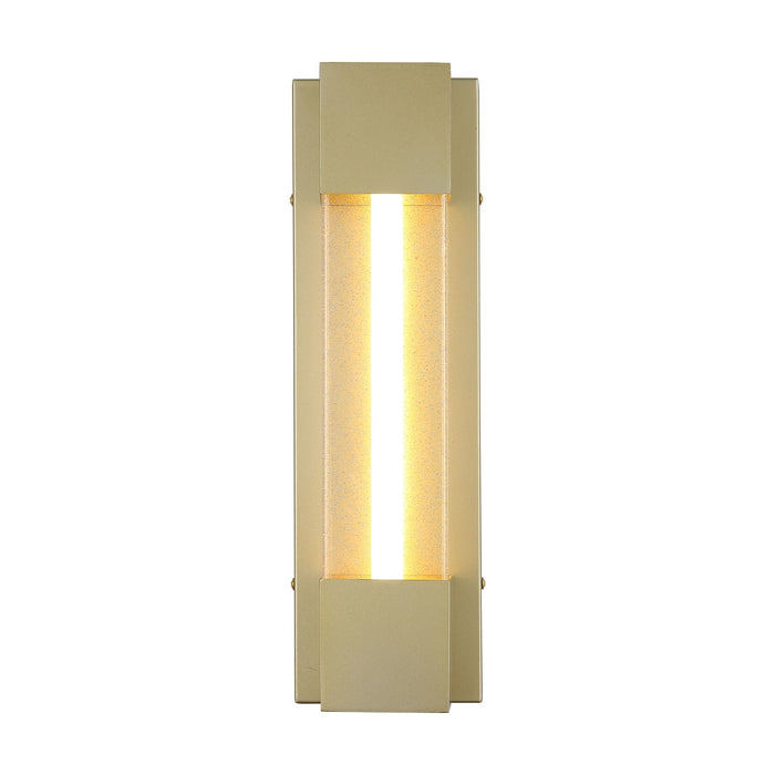 Sacramento gold LED wall light lit with a bright seeded glass tube in a brushed gold frame