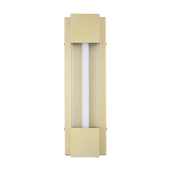 Sacramento gold LED wall light unlit on white with seeded glass tube and gold brackets