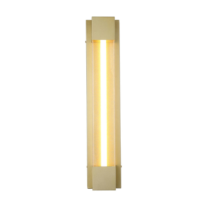 Sacramento gold outdoor wall light lit with a seeded glass tube between brushed gold brackets