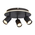 San Diego matt black three-spotlight plate with LED halo ring lit warmly