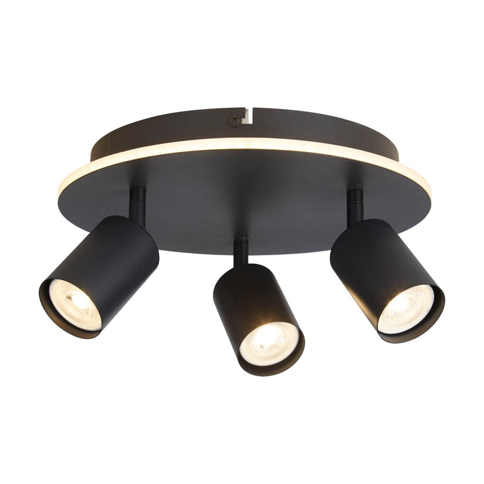 San Diego matt black three-spotlight plate with LED halo ring lit warmly