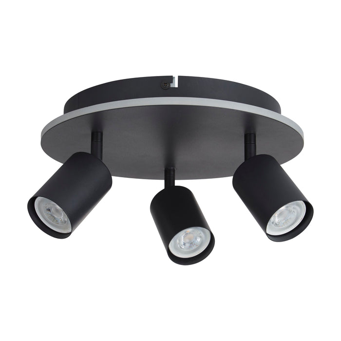 San Diego matt black three-light spotlight plate unlit on a white studio background