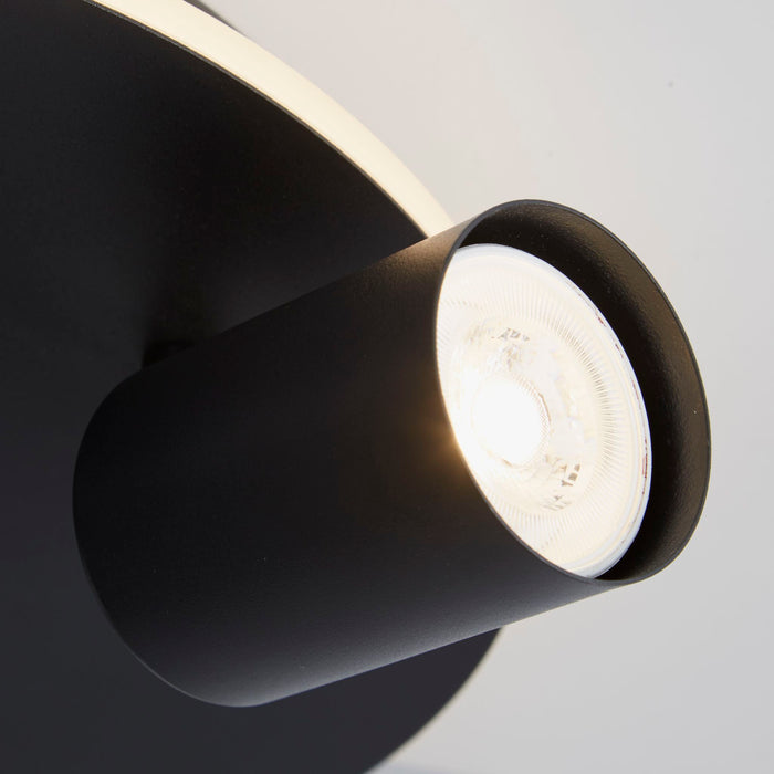 Close-up of a San Diego black cylinder spotlight head and its halo-lit backplate