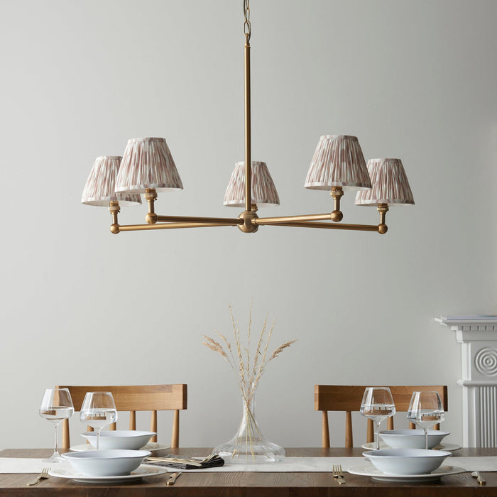 Santiago Brass 5 Light Pendant Ceiling Light With Neutral Ikat 16cm Shades — lifestyle setting
